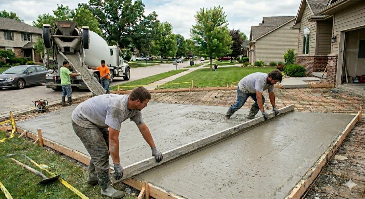 New concrete driveway replacement in Urbandale Iowa Polk County suburban home
