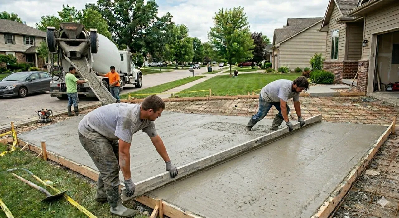 New concrete driveway replacement in Urbandale Iowa Polk County suburban home