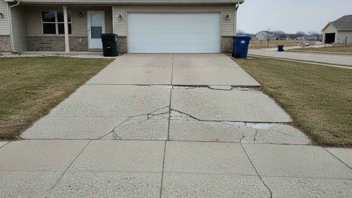 Concrete driveway freeze-thaw cracking Urbandale Iowa Polk County de-icing salt damage before replacement
