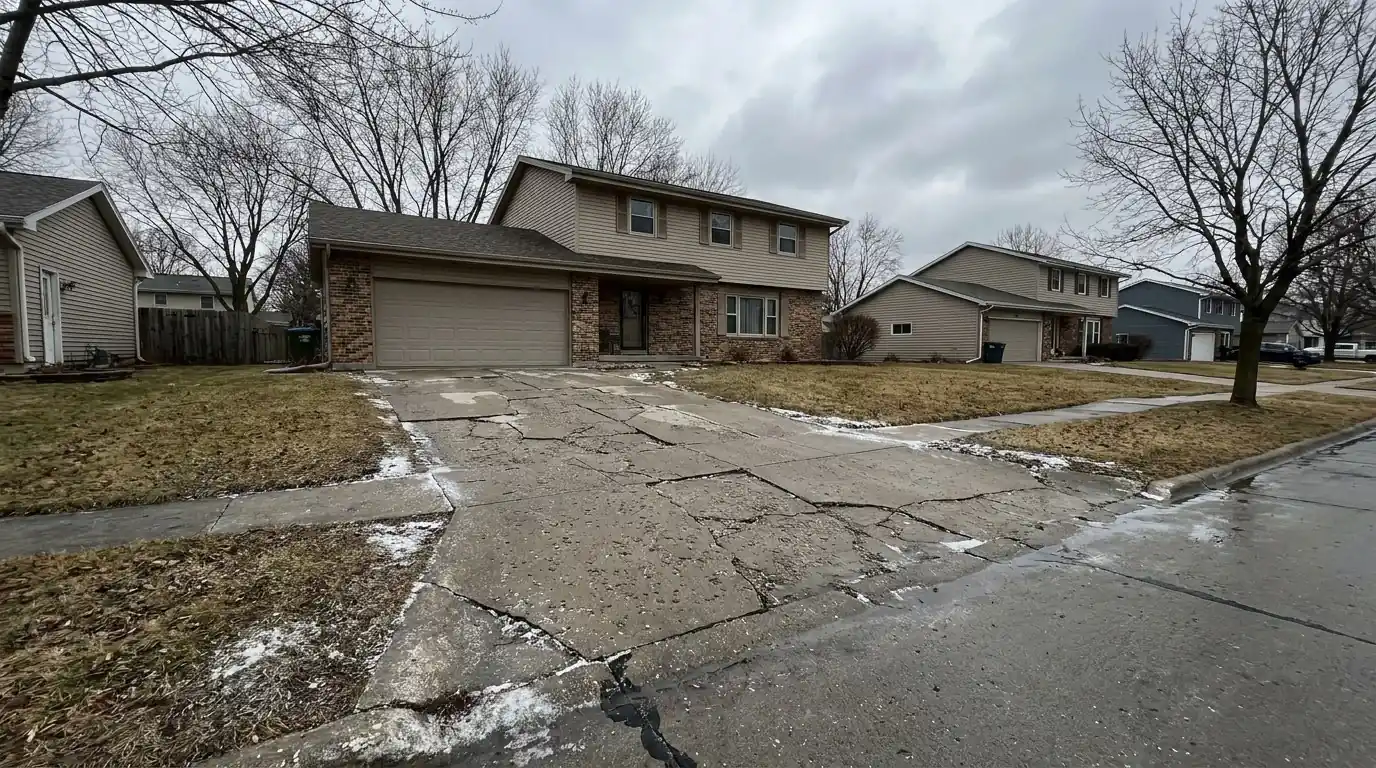 Freeze-thaw damaged concrete driveway in Urbandale Iowa Polk County de-icing salt scaling cracking heaving 36 cycles winter