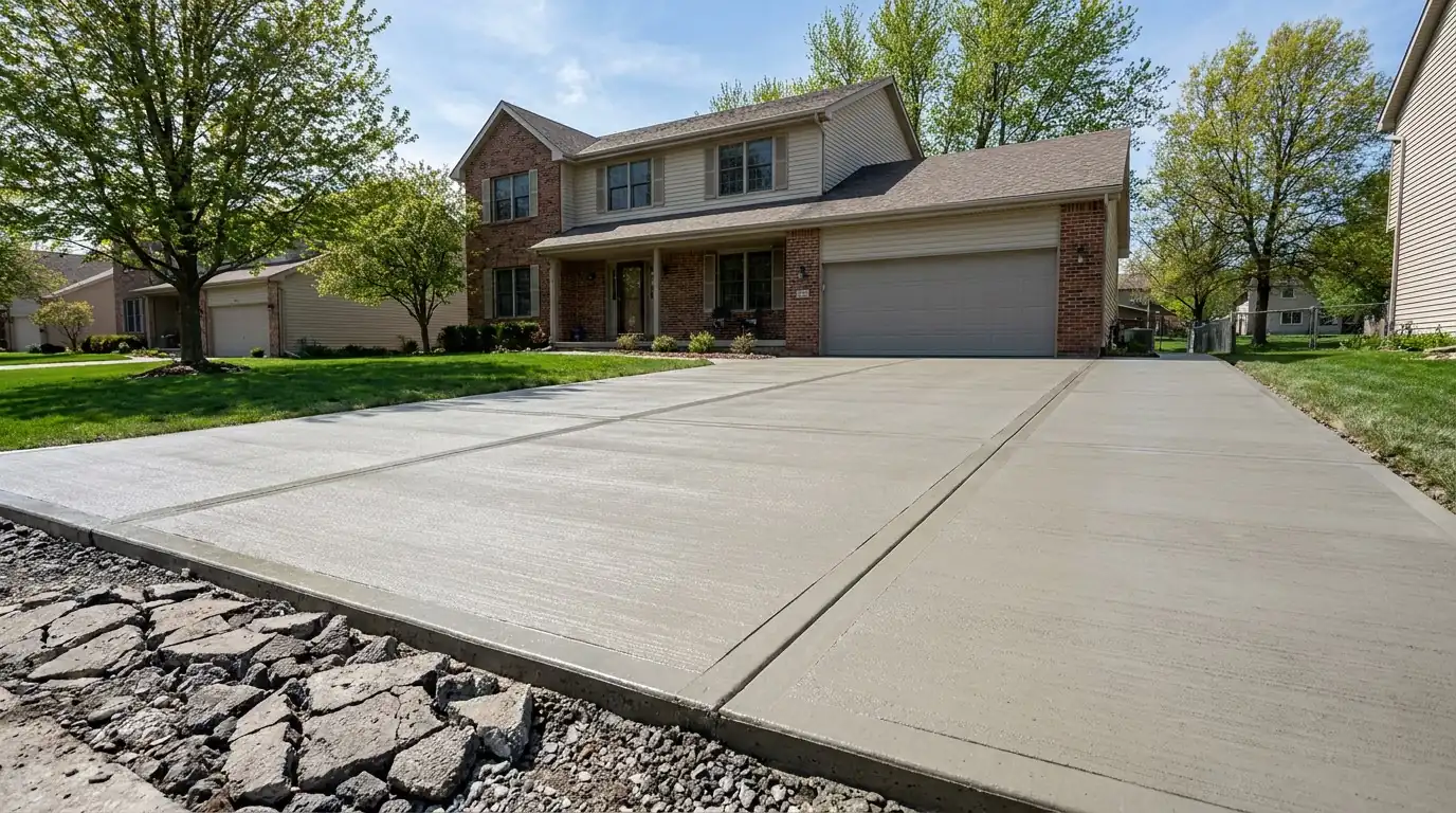 New concrete driveway in Urbandale Iowa Polk County freeze-thaw air-entrained mix control joints 36 cycles winter