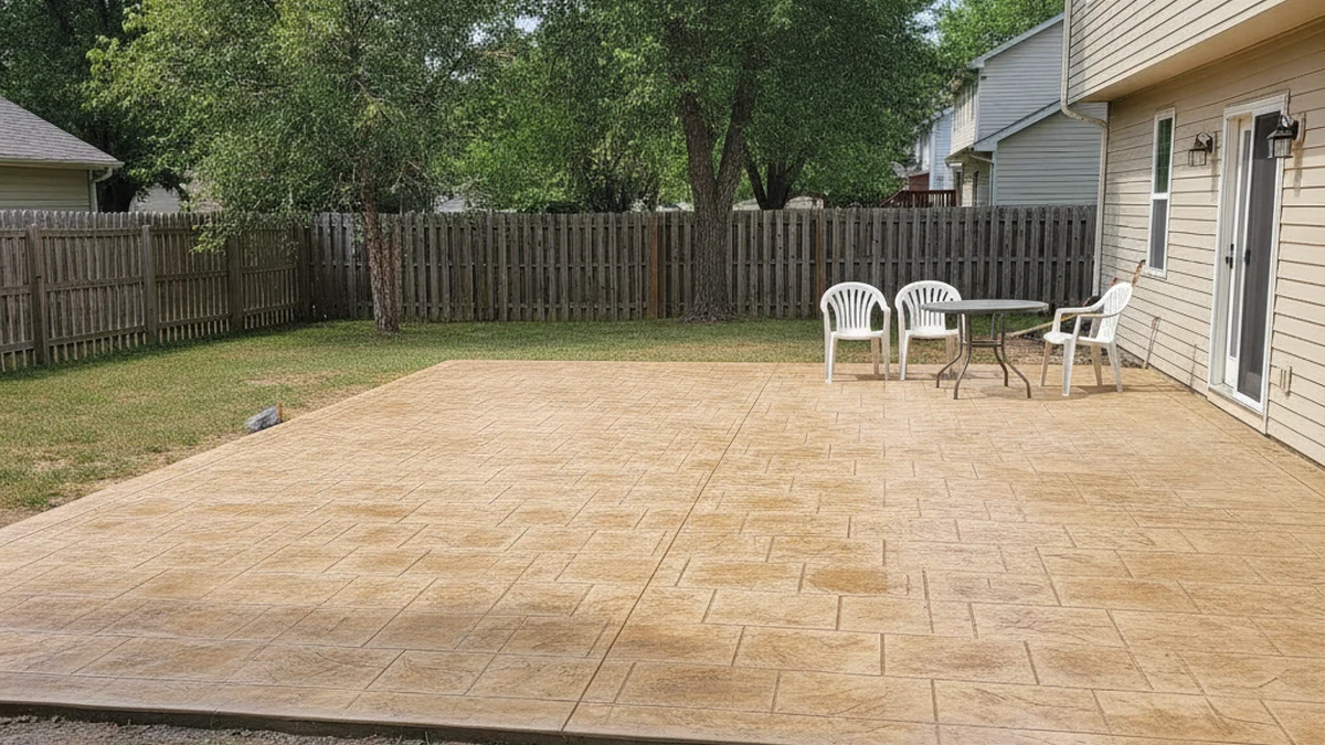 Stamped concrete patio ashlar slate Urbandale Iowa Polk County residential backyard Derek