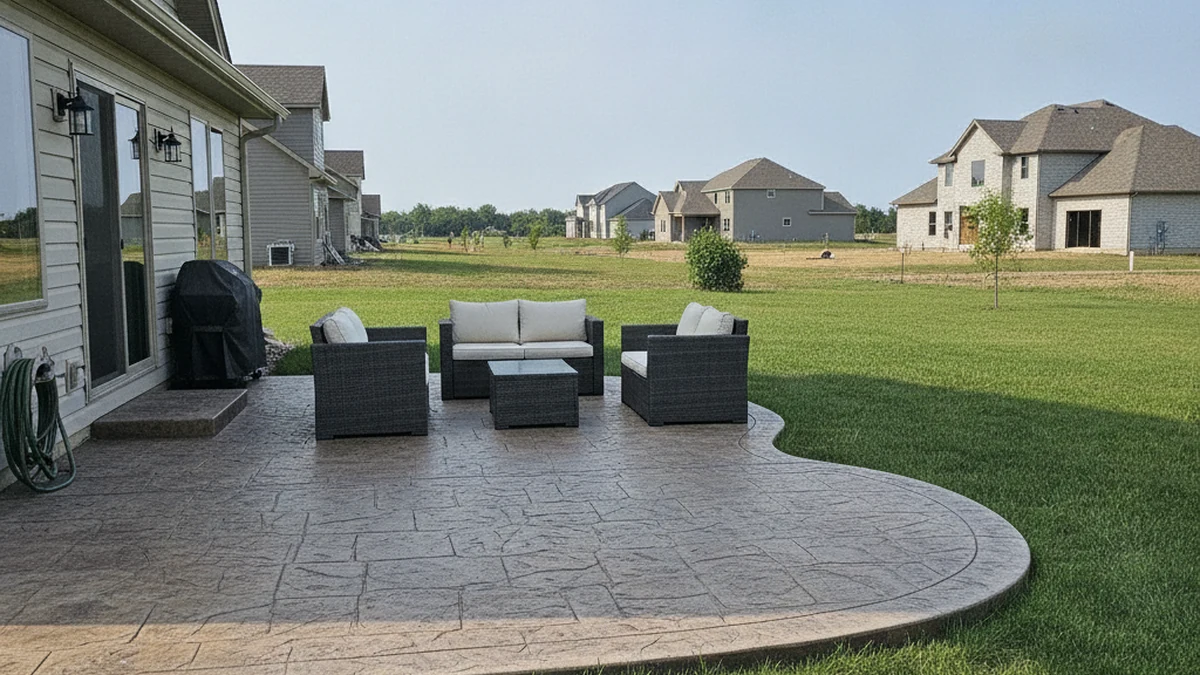 Stamped concrete patio new construction Waukee Iowa Dallas County large lot residential Derek